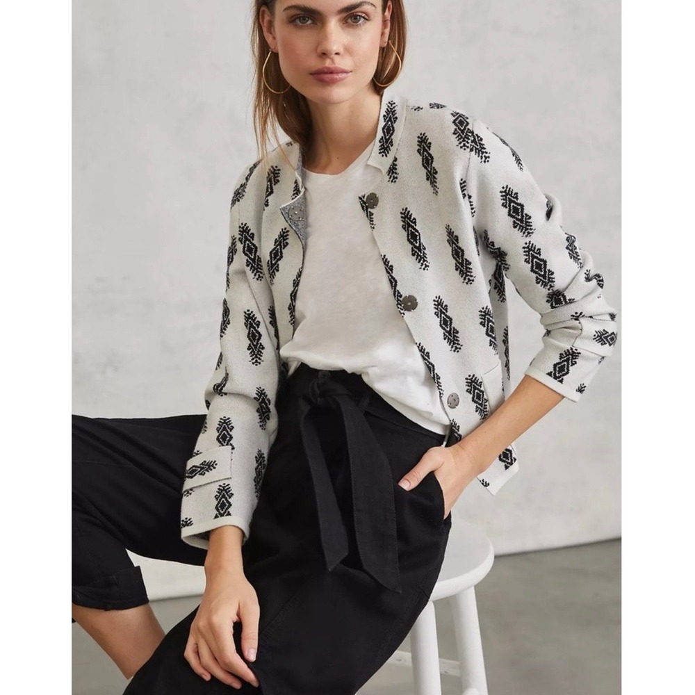 Anthropologie Pilcro Debra Knit Cardigan Jacket Cream Black Ikat  XL Womens